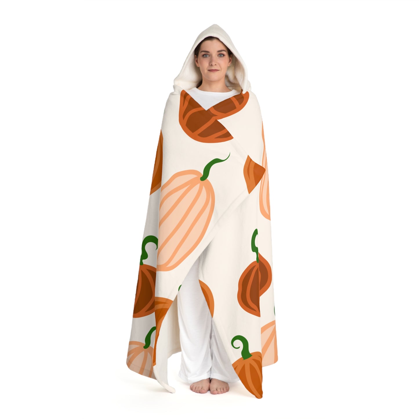 Cozy Hooded Sherpa Fleece Blanket for Fall, Pumpkin Design, Perfect for Snuggling, Great for Halloween and Thanksgiving, Ideal Gift
