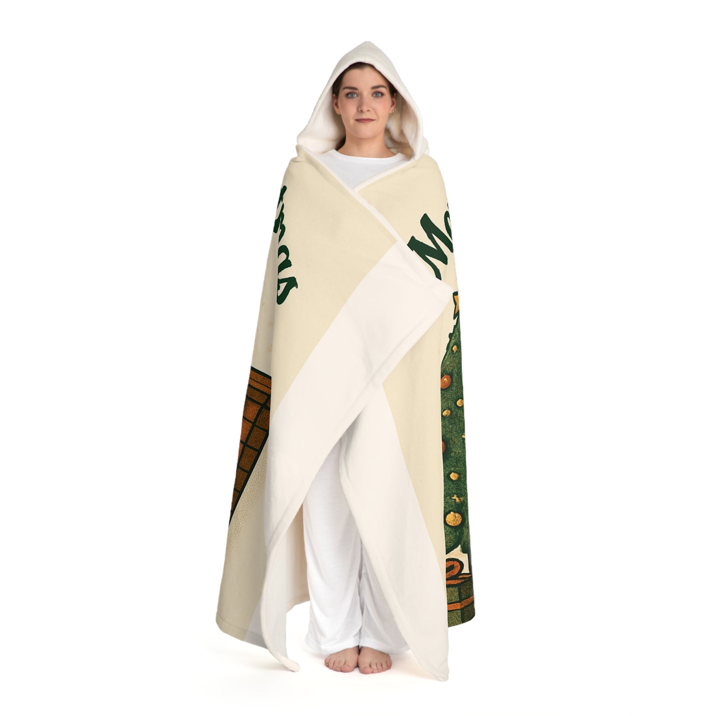 Holiday Hooded Sherpa Fleece Blanket – Cozy Christmas Tree & Fireplace Throw